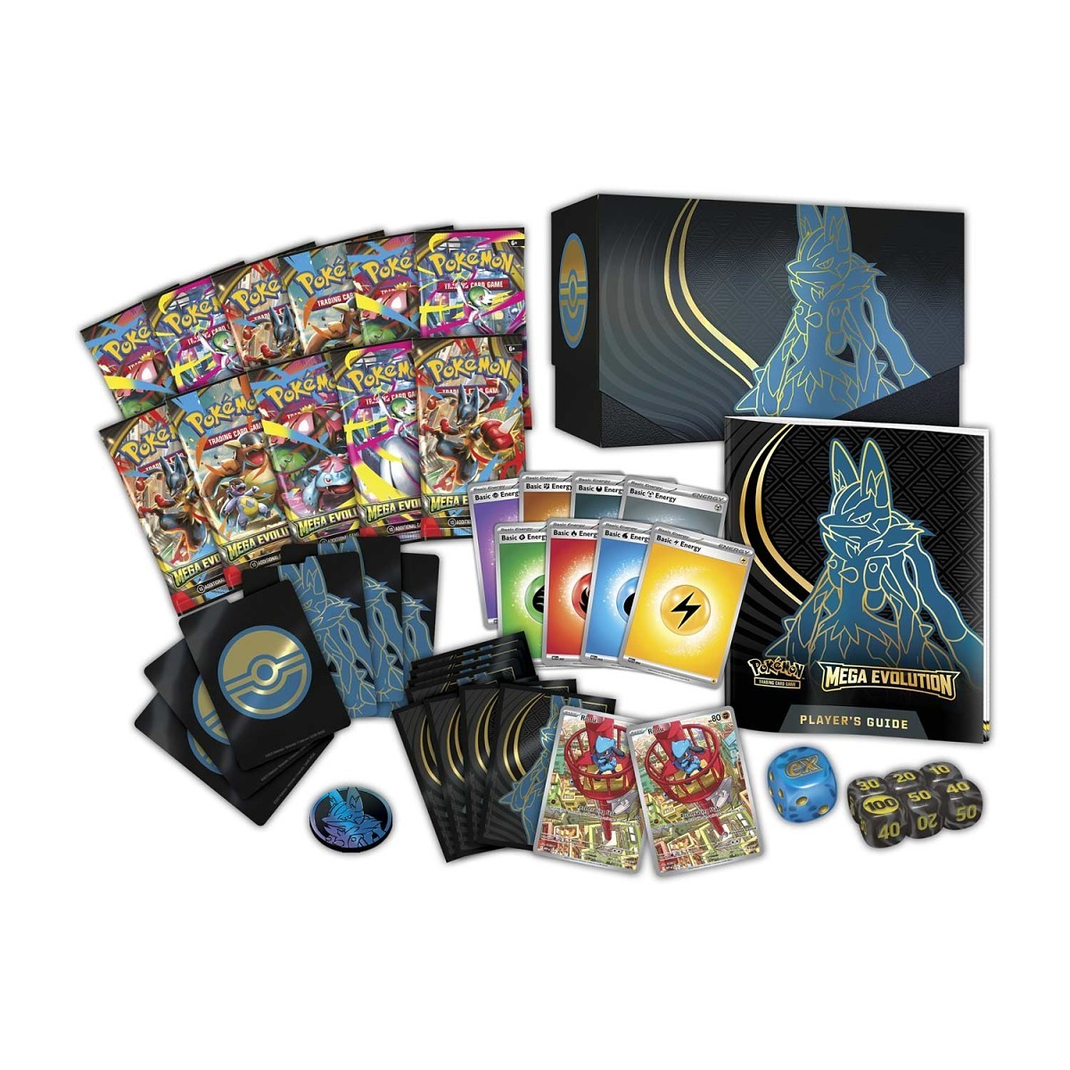 Pokémon TCG Mega Evolution Pokémon Center Elite Trainer Box (Mega Lucario) packaging with Riolu promo card artwork