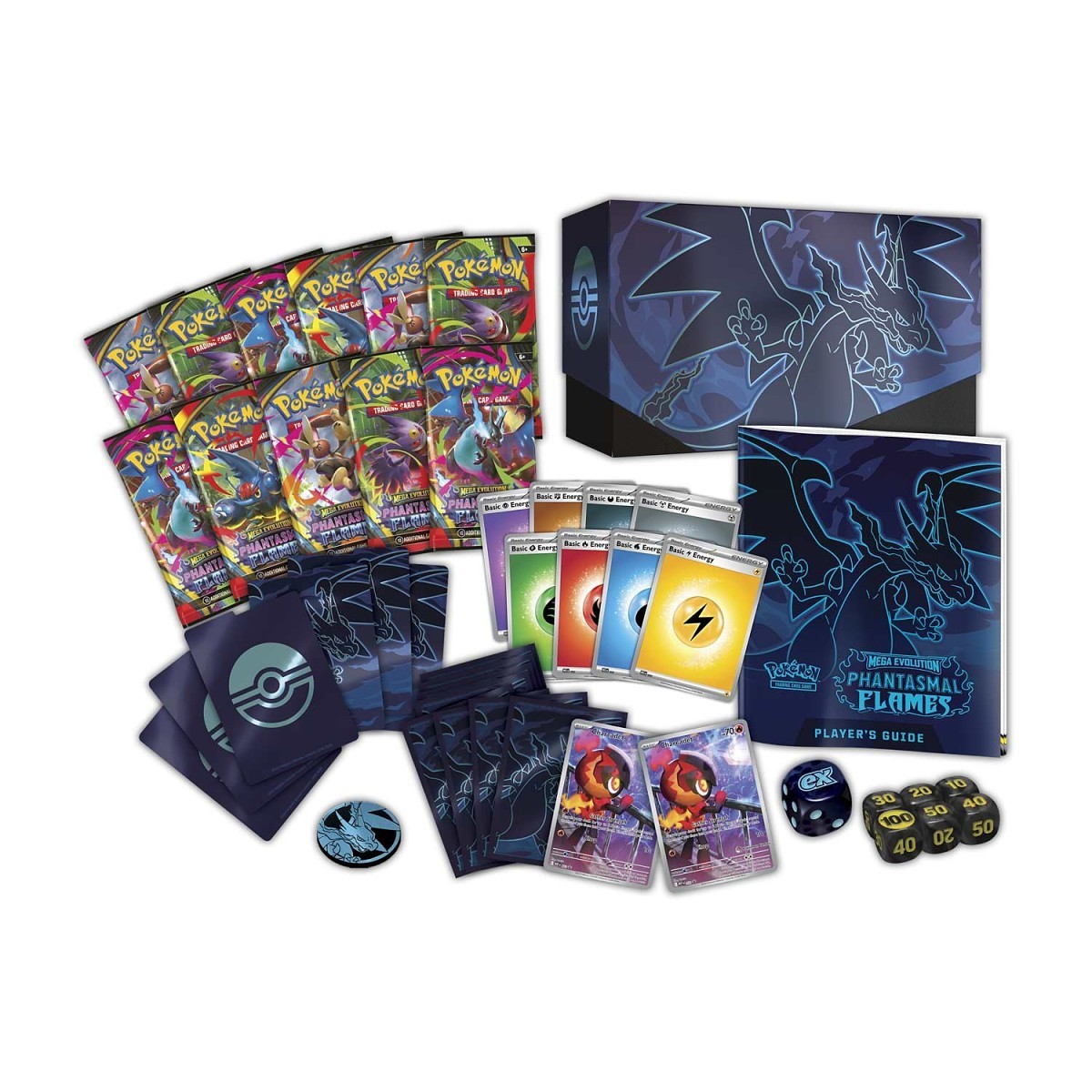 Pokémon TCG Mega Evolution—Phantasmal Flames Pokémon Center Elite Trainer Box packaging with Charcadet promo card artwork
