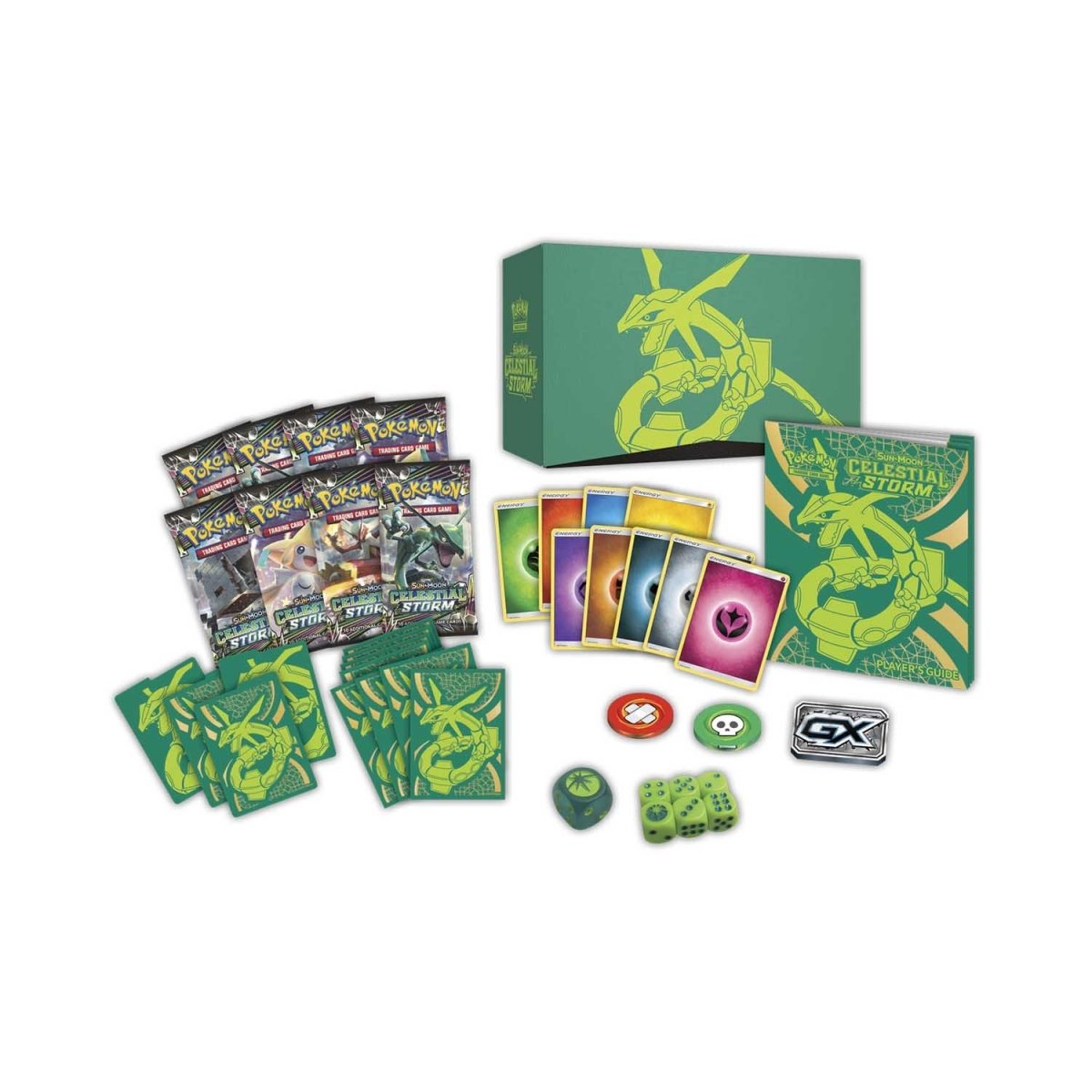 okémon TCG Sun & Moon—Celestial Storm Elite Trainer Box packaging featuring Rayquaza artwork