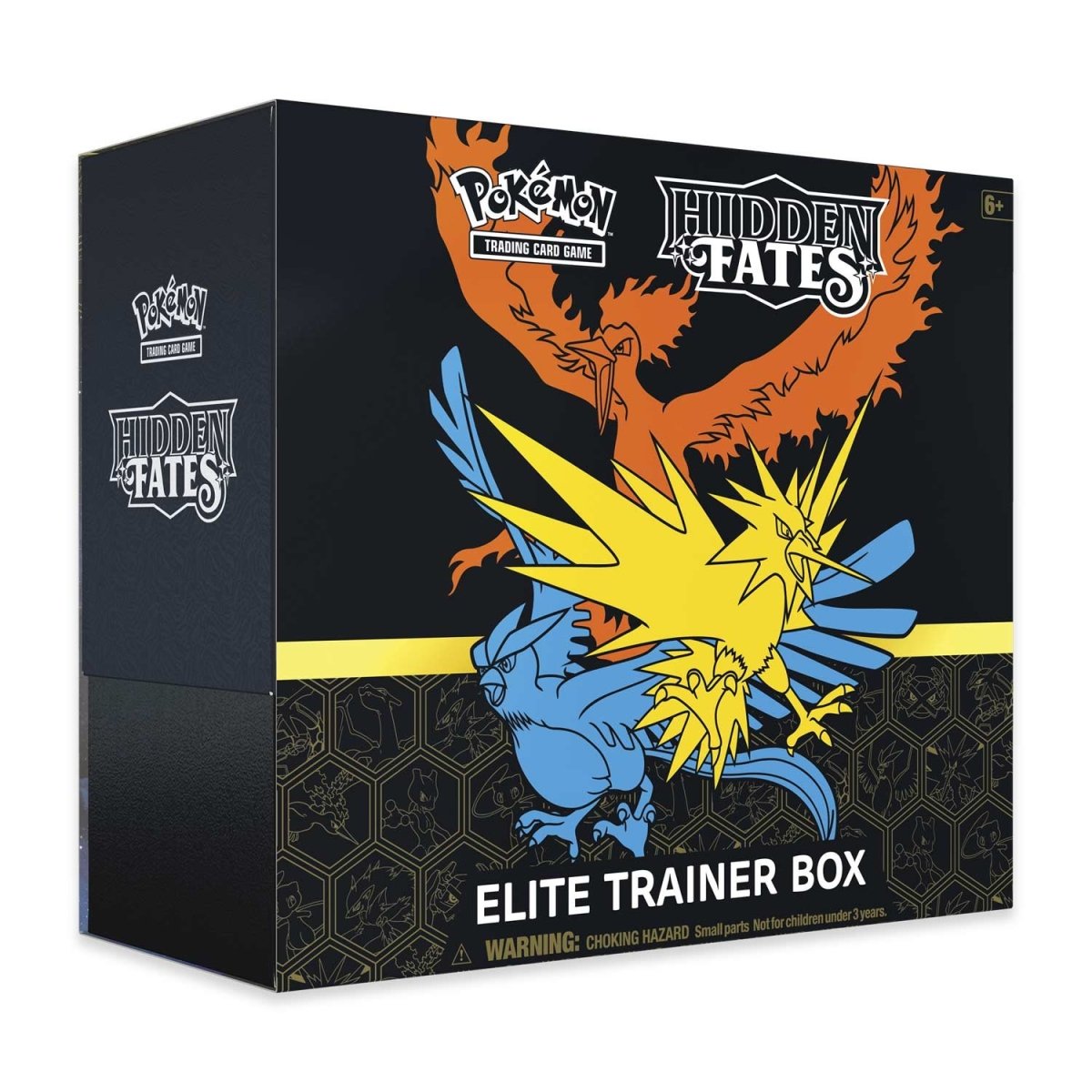 Pokémon TCG Hidden Fates Elite Trainer Box packaging featuring Moltres, Zapdos & Articuno-GX artwork