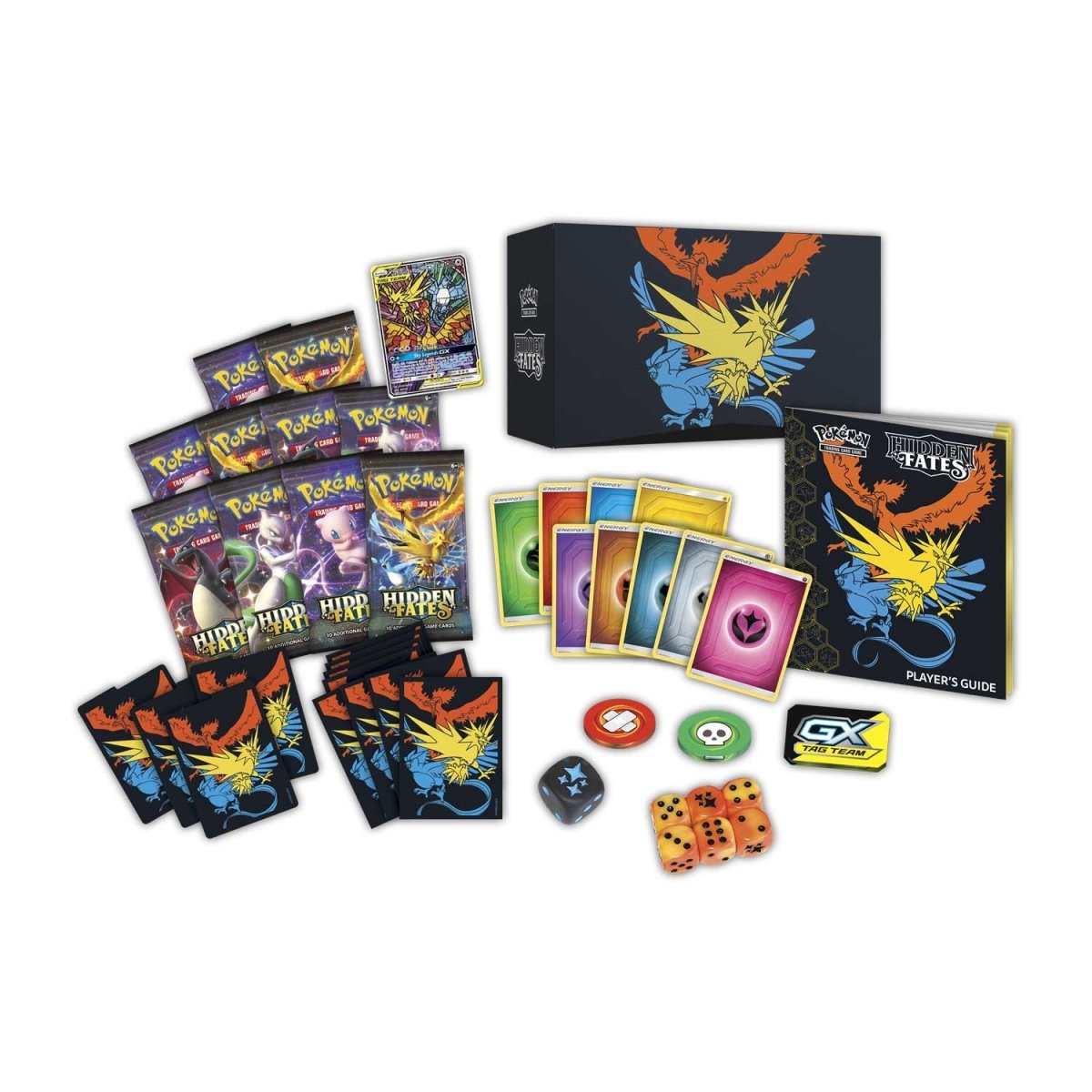 Pokémon TCG Hidden Fates Elite Trainer Box packaging featuring Moltres, Zapdos & Articuno-GX artwork
